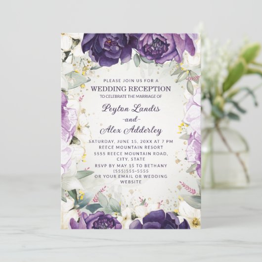 Invitation Réception de mariage florale blanche et violette r (Debout devant)