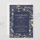 Invitation Réception de mariage florale bleu marine et or (Devant)
