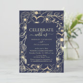 Invitation Réception de mariage florale bleu marine et or (Debout devant)