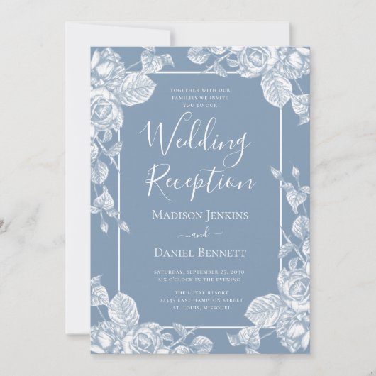 Invitation Réception de mariage florale bleu poussiéreux (Devant)