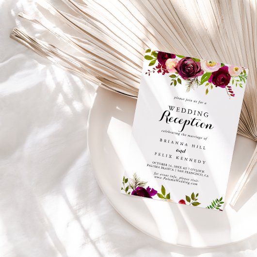 Invitation Réception de mariage florale bordeaux et rustique