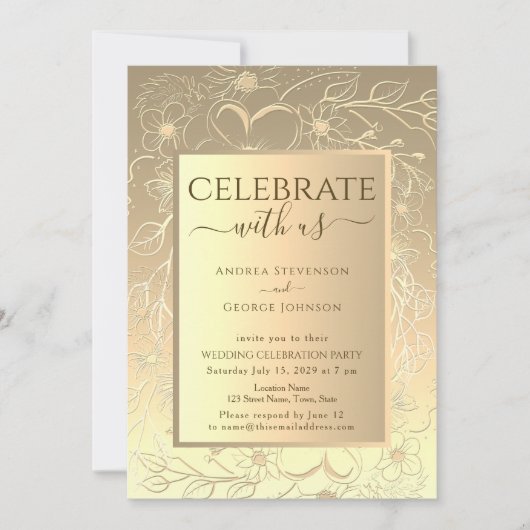 Invitation Réception de mariage florale dorée de luxe (Devant)