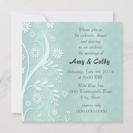Invitation Réception de mariage florale et damassée sarcelle (Devant)