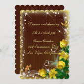 Invitation Réception de mariage florale jaune en bois foncé r (Devant / Derrière)