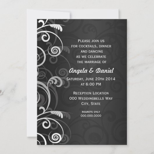 Invitation Réception de mariage florale moderne noir et blanc (Devant)