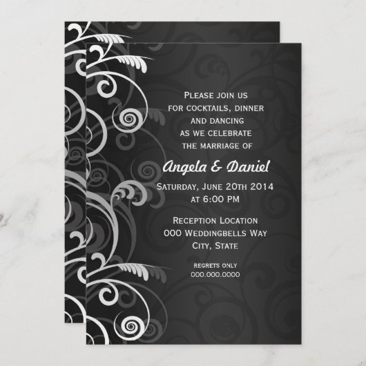 Invitation Réception de mariage florale moderne noir et blanc (Devant / Derrière)