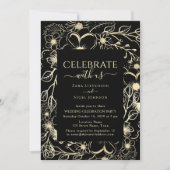 Invitation Réception de mariage florale noire et or (Devant)