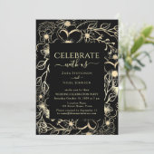 Invitation Réception de mariage florale noire et or (Debout devant)