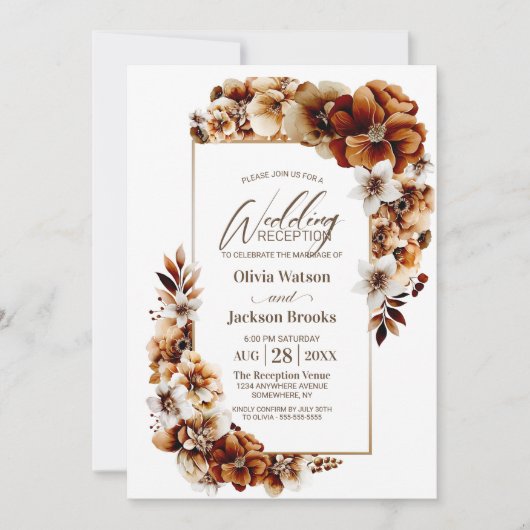 Invitation Réception De Mariage Florale Rustique Brûlée Orang (Devant)