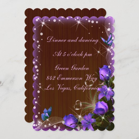 Invitation Réception de mariage florale violette en bois fonc (Devant / Derrière)