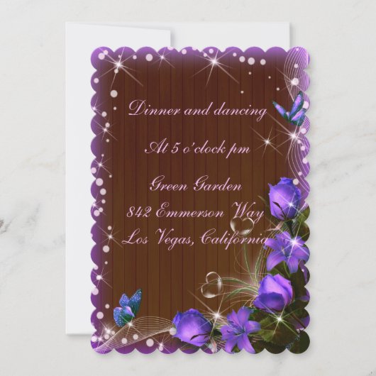 Invitation Réception de mariage florale violette en bois fonc (Devant)