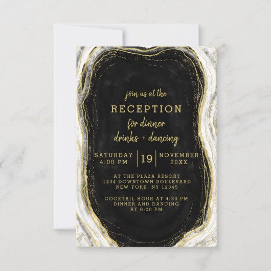 Invitation Réception de mariage géode agate noir blanc et or (Devant)