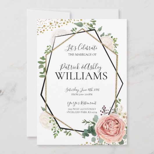 Invitation Réception de mariage géométrique moderne or et ros (Devant)