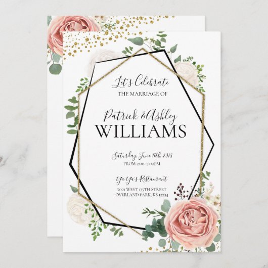 Invitation Réception de mariage géométrique moderne or et ros (Devant / Derrière)