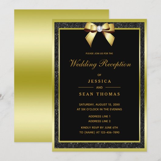 Invitation Réception de mariage Glam Gold Bow & Black Glitter (Devant / Derrière)
