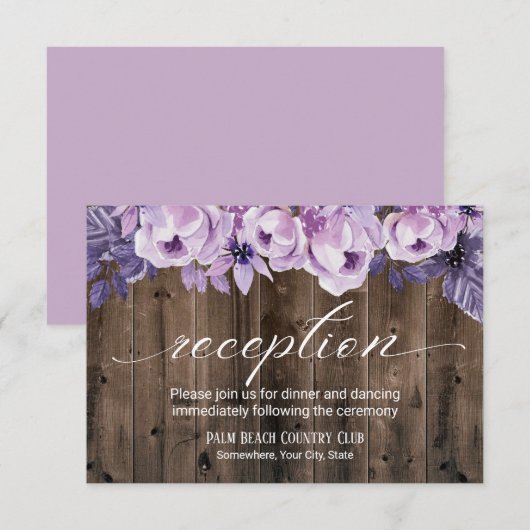 Invitation Réception de mariage grange florale violette rusti (Devant / Derrière)