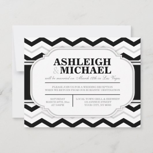 Invitation Réception de mariage gris et noir chevron blanc UN (Devant)