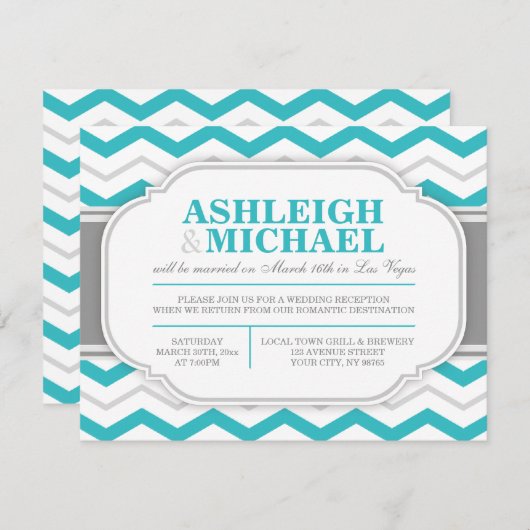 Invitation Réception de mariage gris et turquoise à chevron s (Devant / Derrière)