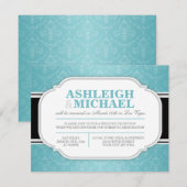 Invitation Réception de mariage gris et turquoise damassé uni (Devant / Derrière)