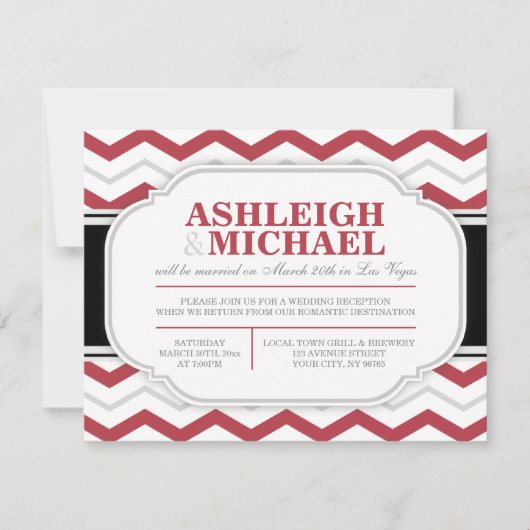 Invitation Réception de mariage grise et rouge chevron unique (Devant)