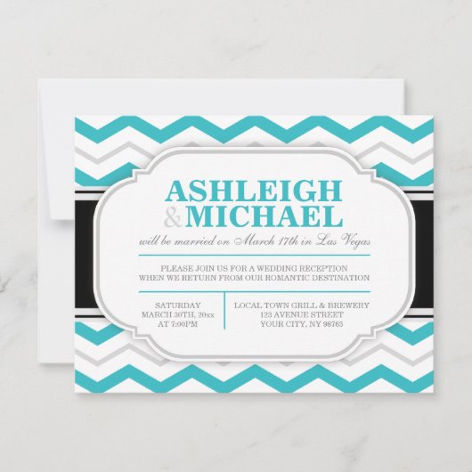 Invitation Réception de mariage grise et turquoise à chevrons (Devant)