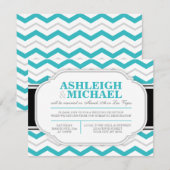 Invitation Réception de mariage grise et turquoise à chevrons (Devant / Derrière)
