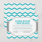 Invitation Réception de mariage grise et turquoise à chevrons (Devant / Derrière)