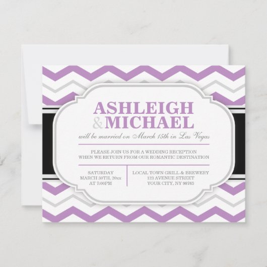 Invitation Réception de mariage grise et violette à chevrons (Devant)