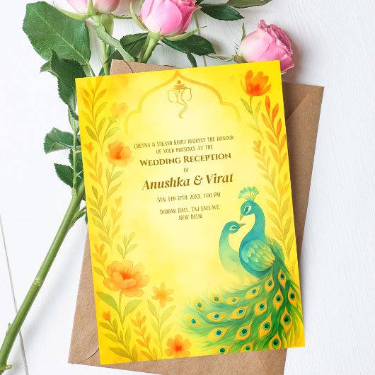 Invitation Réception de mariage hindou indien Peacock Floral