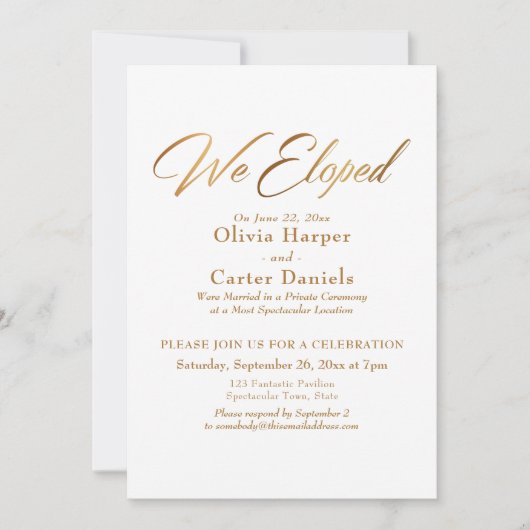 Invitation Réception de mariage intime avec calligraphie doré (Devant)