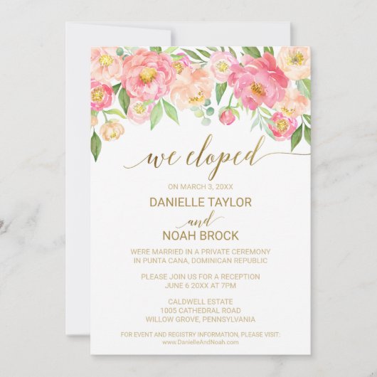 Invitation Réception de mariage intime avec fleurs de pivoine (Devant)