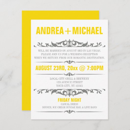 Invitation Réception de mariage jaune et gris seulement Invit (Devant / Derrière)