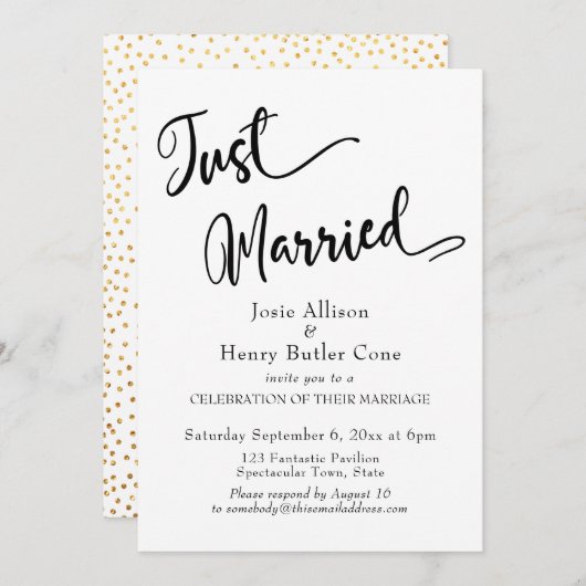 Invitation Réception de mariage, Juste mariés, Confettis doré (Devant / Derrière)