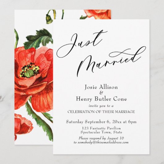 Invitation Réception de mariage, Juste Mariés, Coquelicots ro (Devant / Derrière)