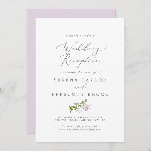 Invitation Réception de mariage lilas rustique (Devant / Derrière)