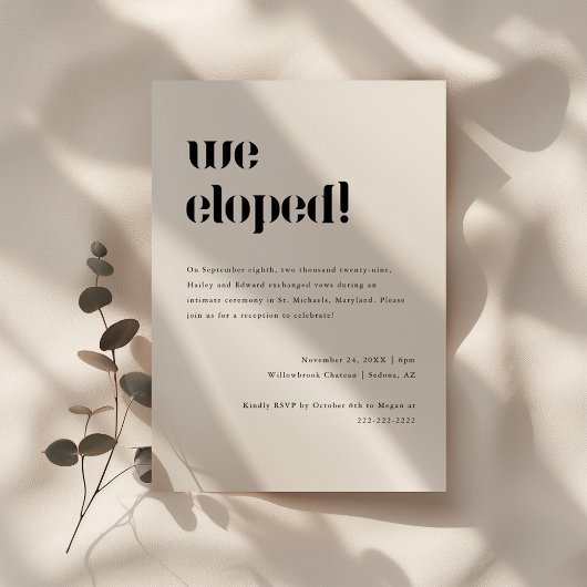 Invitation Réception de mariage minimale Noir Blanc Elopement