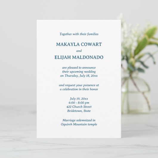Invitation Réception de mariage minimaliste bleu espagnol-ang (Debout devant)