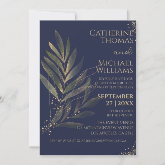 Invitation Réception de mariage moderne bleu marine feuille d (Devant)