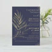 Invitation Réception de mariage moderne bleu marine feuille d (Debout devant)