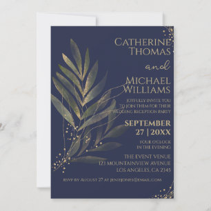 Invitation Réception de mariage moderne bleu marine feuille d