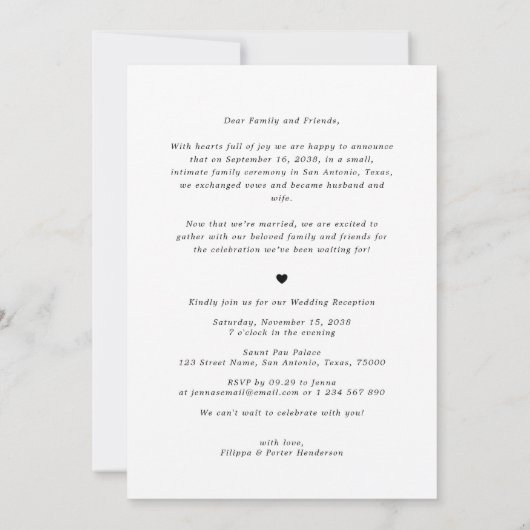 Invitation Réception De Mariage Moderne Elopement Script Seul (Dos)