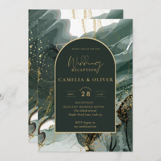 Invitation Réception de mariage moderne Emerald Green Gold Ag (Devant / Derrière)