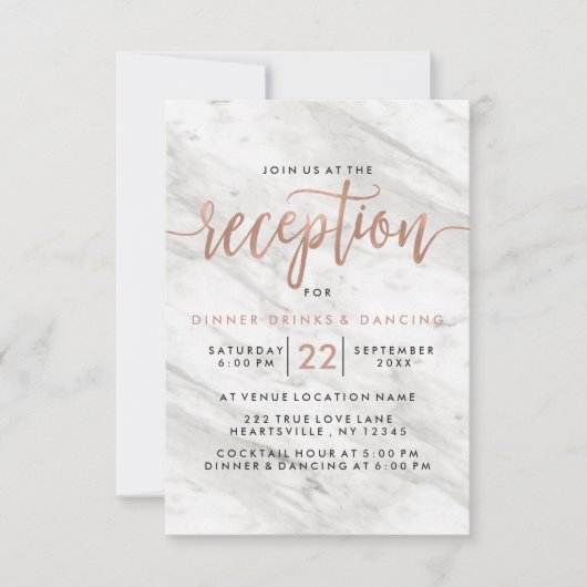 Invitation Réception de mariage moderne en marbre blanc et or (Devant)