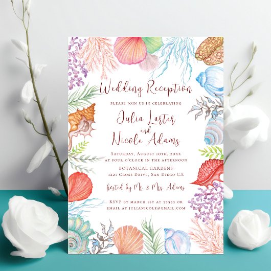 Invitation Réception de mariage moderne sur la plage coquilla