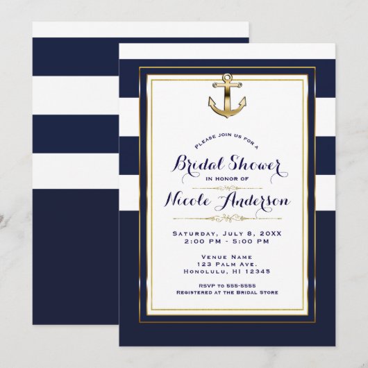 Invitation Réception de mariage naval à l'ancre Blanc et Or d (Devant / Derrière)