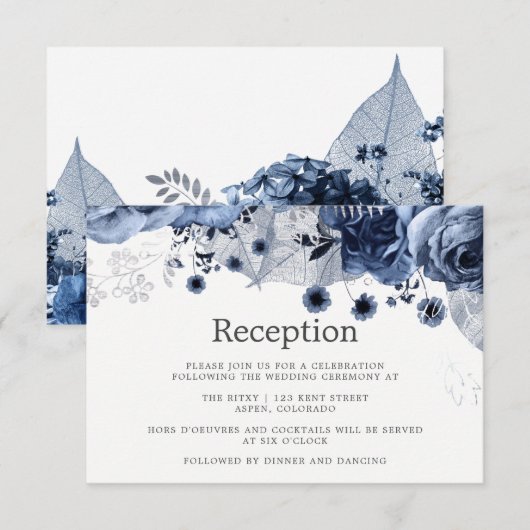 Invitation Réception de mariage Navy & Blanc avec fleurs arge (Devant / Derrière)