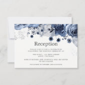 Invitation Réception de mariage Navy & Blanc avec motifs flor (Devant)