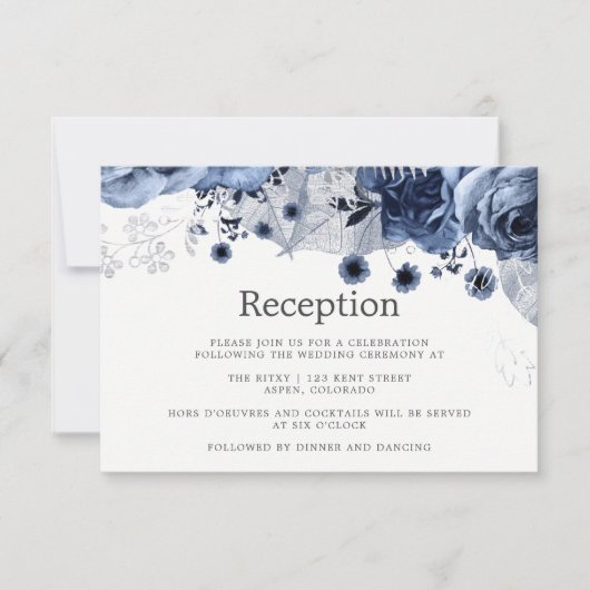 Invitation Réception de mariage Navy & Blanc avec motifs flor (Devant)