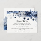 Invitation Réception de mariage Navy & Blanc avec motifs flor (Devant / Derrière)