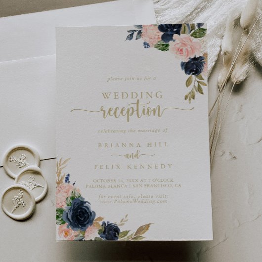 Invitation Réception de mariage Navy Blush Floral Gold  